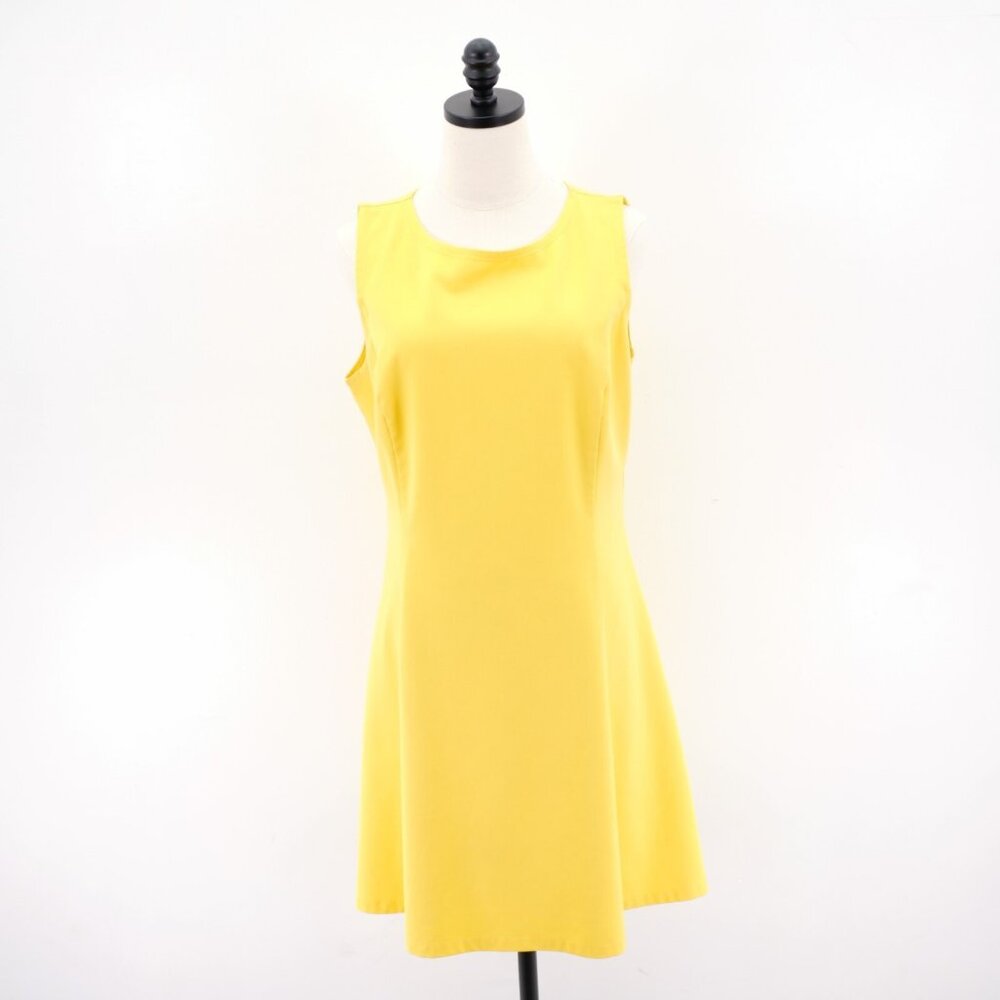 New York & Company Stretch Large Yellow Round Neck Sleeveless Dress Lined